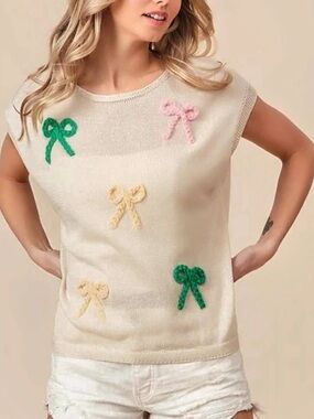 BiBi • Ivory Knit Ribbon Bow Sweater Top Size Medium